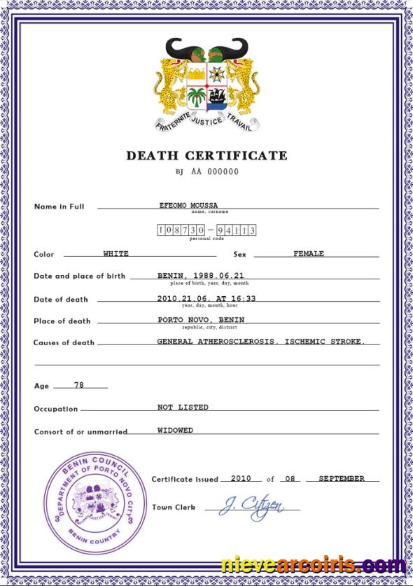 Benin vital record death certificate